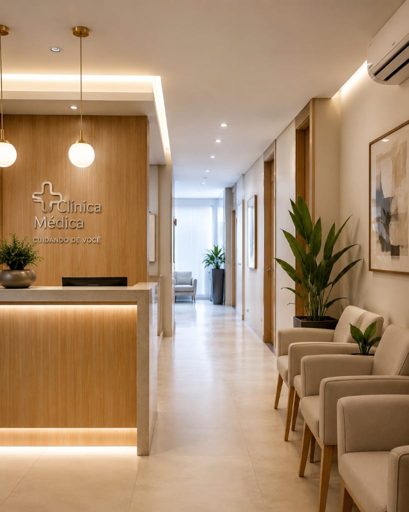 Recepção e sala de espera da Clinica Magno: ambiente moderno, iluminado e acolhedor para o seu atendimento.